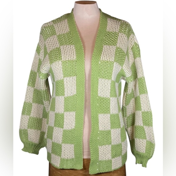 Woven Heart Green and Cream Shawl Collar Checkered Cardigan wit Puff Sleeves - Picture 1 of 7
